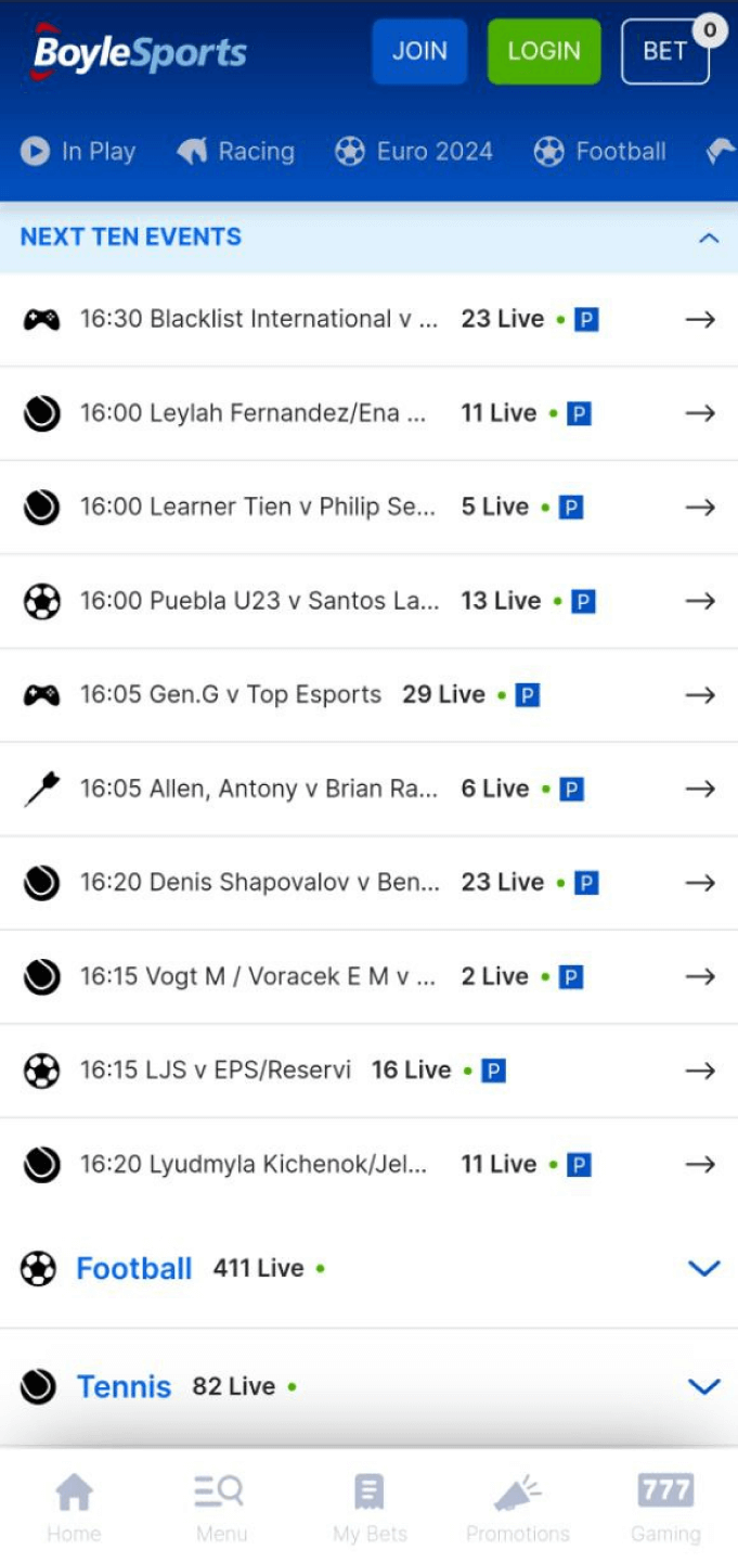 A screenshot of the upcoming events in the Boylesports app