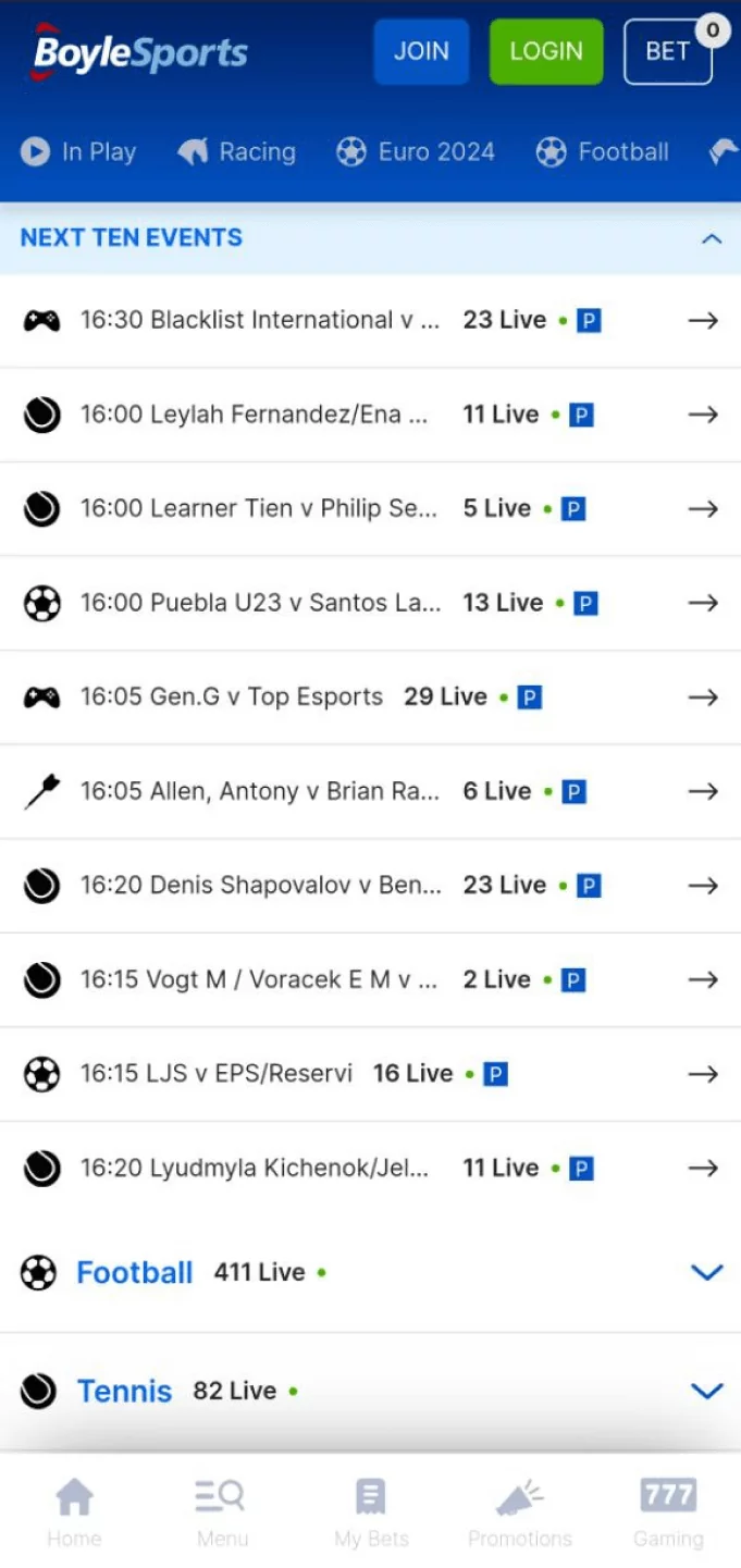 A screenshot of the upcoming events in the Boylesports app
