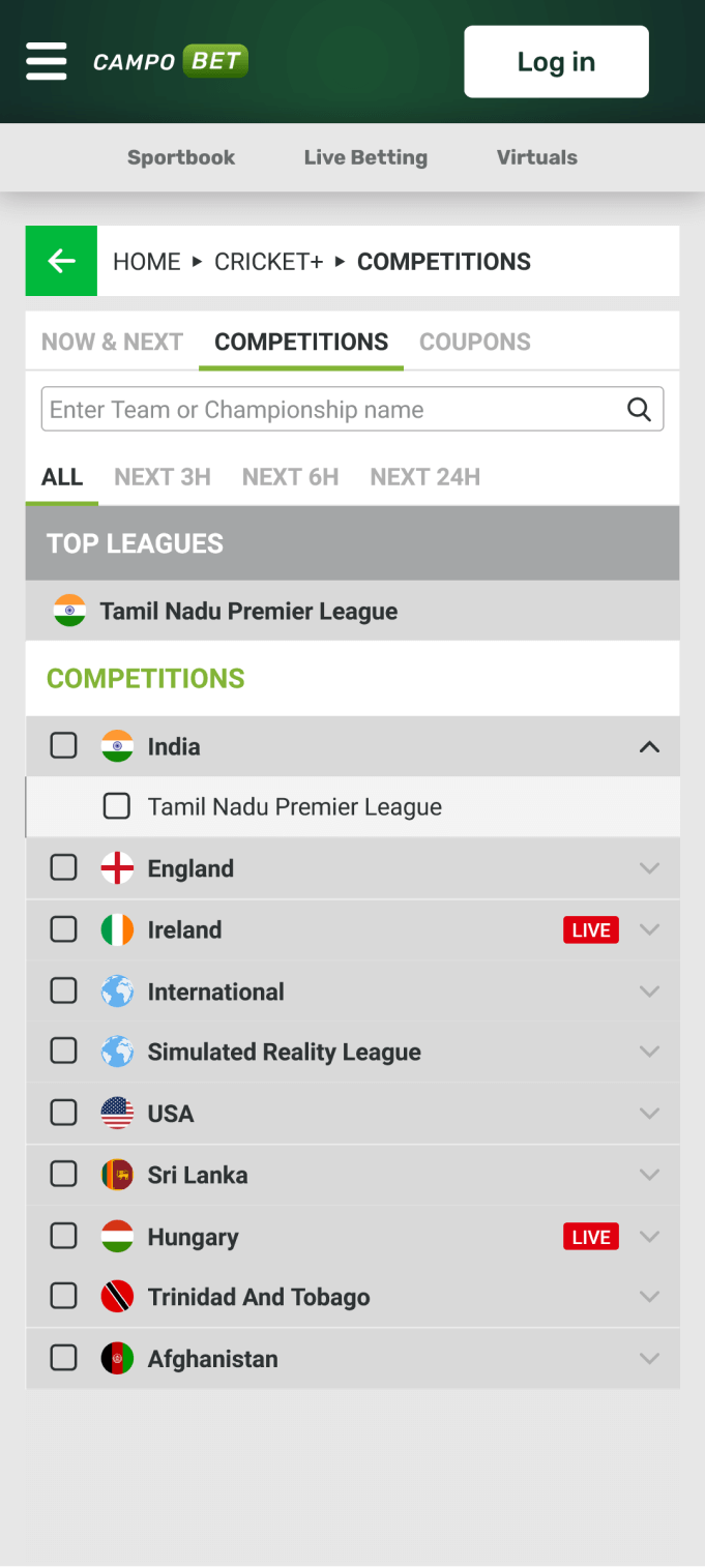 Screenshot of the cricket section of the Campobet app