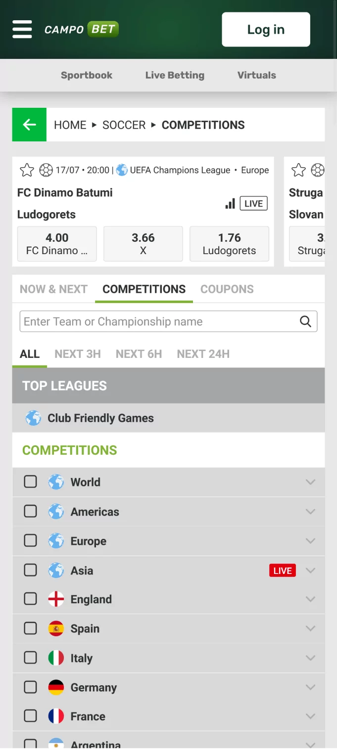 Screenshot of the soccer section in the Campobet app