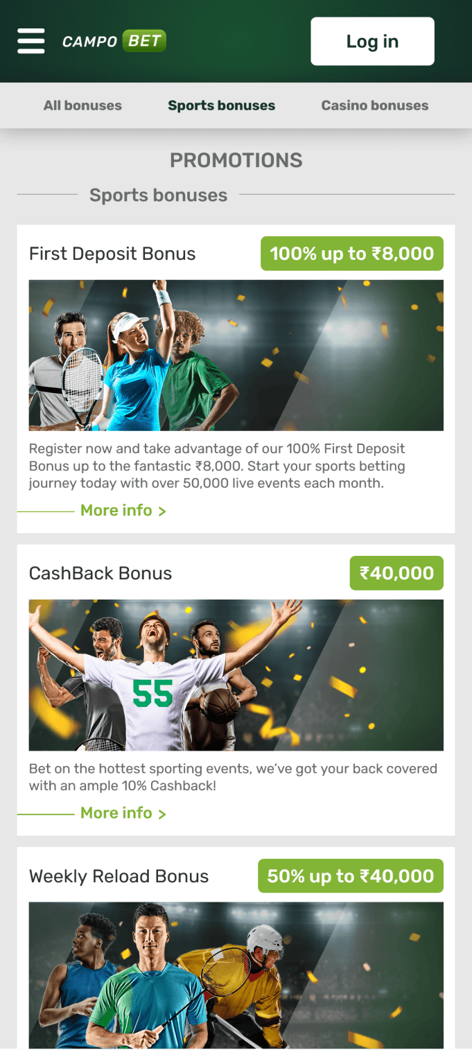 Screenshot of the sports bonuses section of the Campobet app