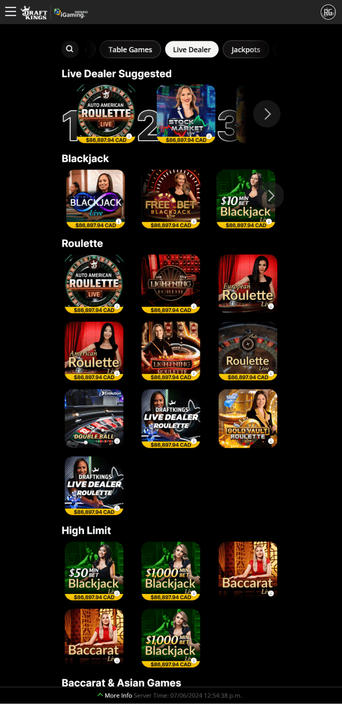 Screenshot of the live dealer games section of the Draftkings app