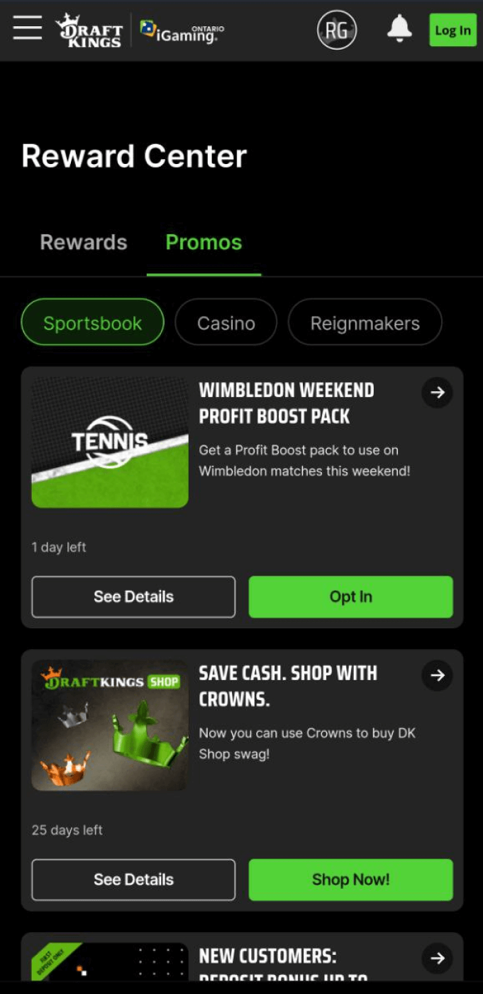 Screenshot of the bonus section in the Draftkings app