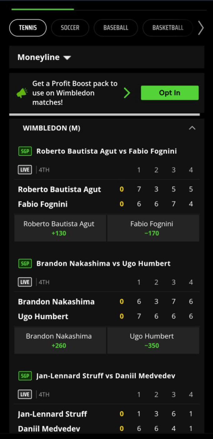 Screenshot of the tennis section of the Draftkings app