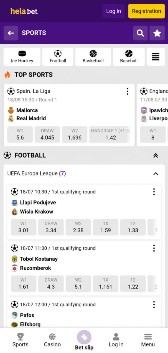 Screenshot of the sports section in the Helabet app