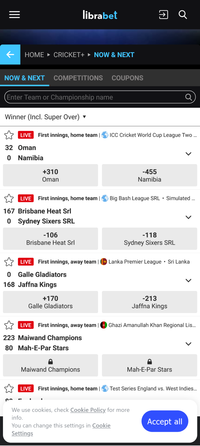 Screenshot of the cricket section of the Librabet app