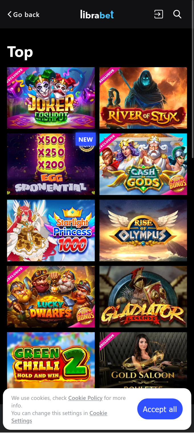 Screenshot of the top games in the Librabet app