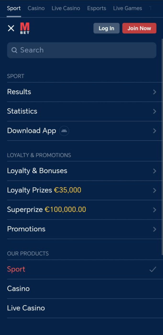 Screenshot of the menu in the Marathonbet app