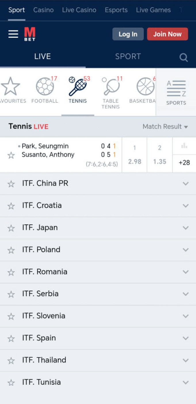 Screenshot of the tennis section in the Marathonbet app