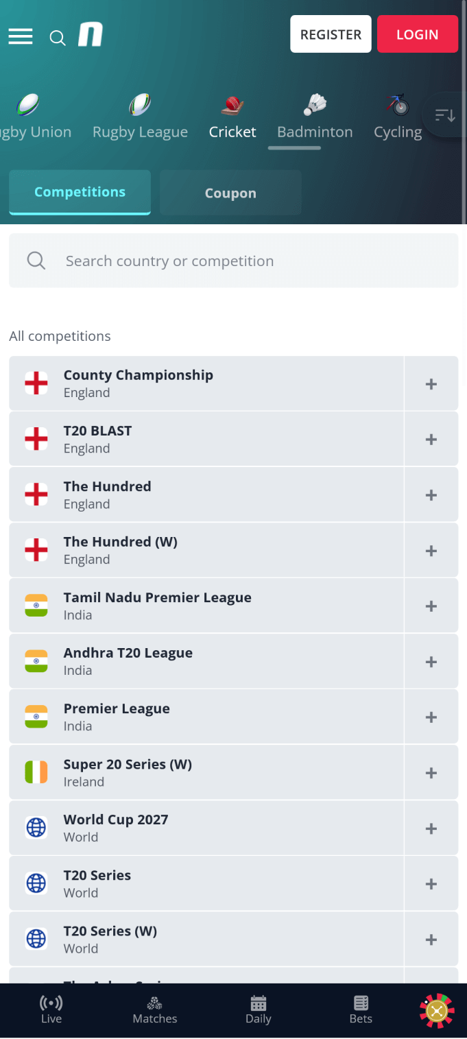 Screenshot of the cricket section in the Novibet app