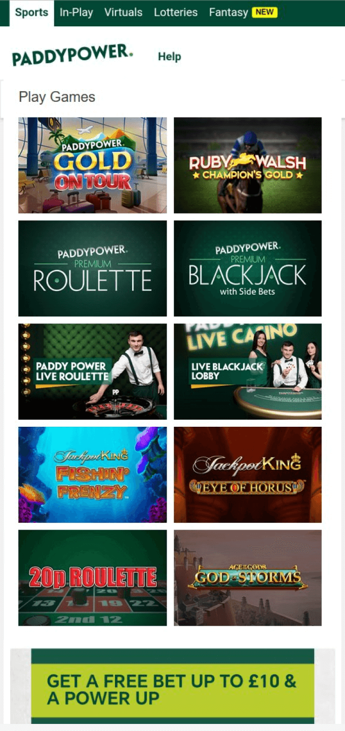 Screenshot of the casino games in the Paddy Power app