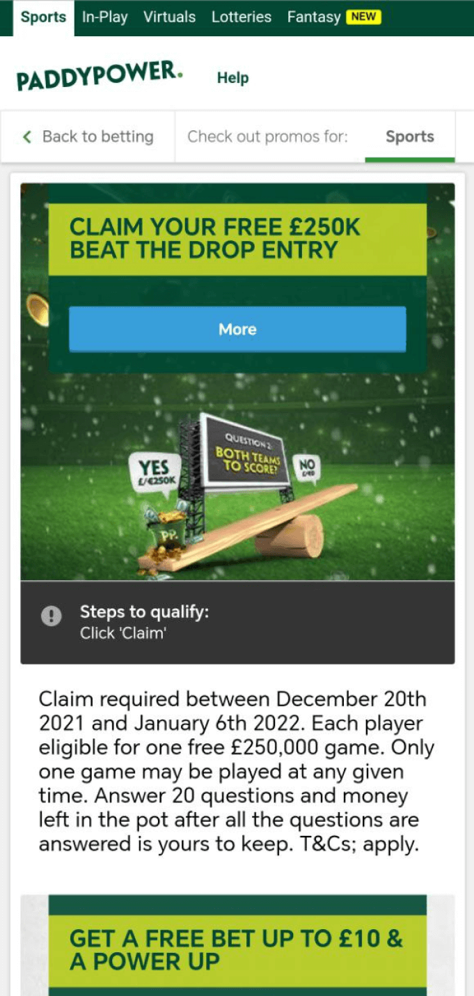 Screenshot of the Paddy Power app homepage