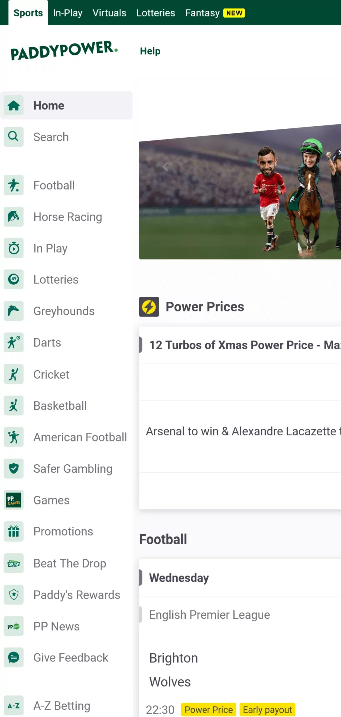 Screenshot of the menu in the Paddy Power app