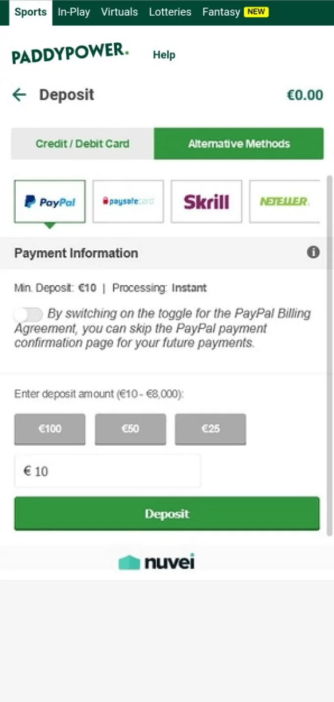 Screenshot of the payments section in the Paddy Power app