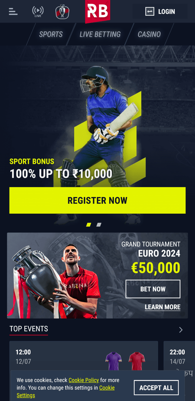 Screenshot of the Rabona app homepage