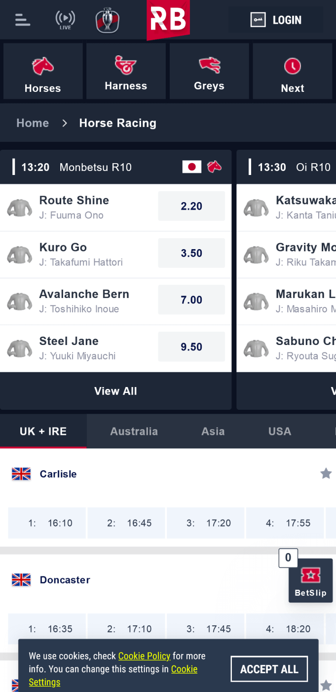 Screenshot of the horse racing section of the Rabona app