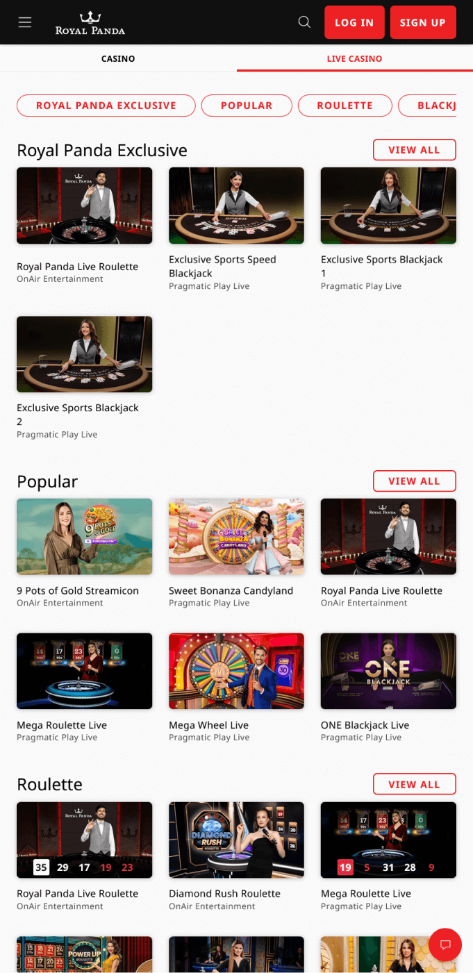 Screenshot of the live casino section of the Royal Panda app