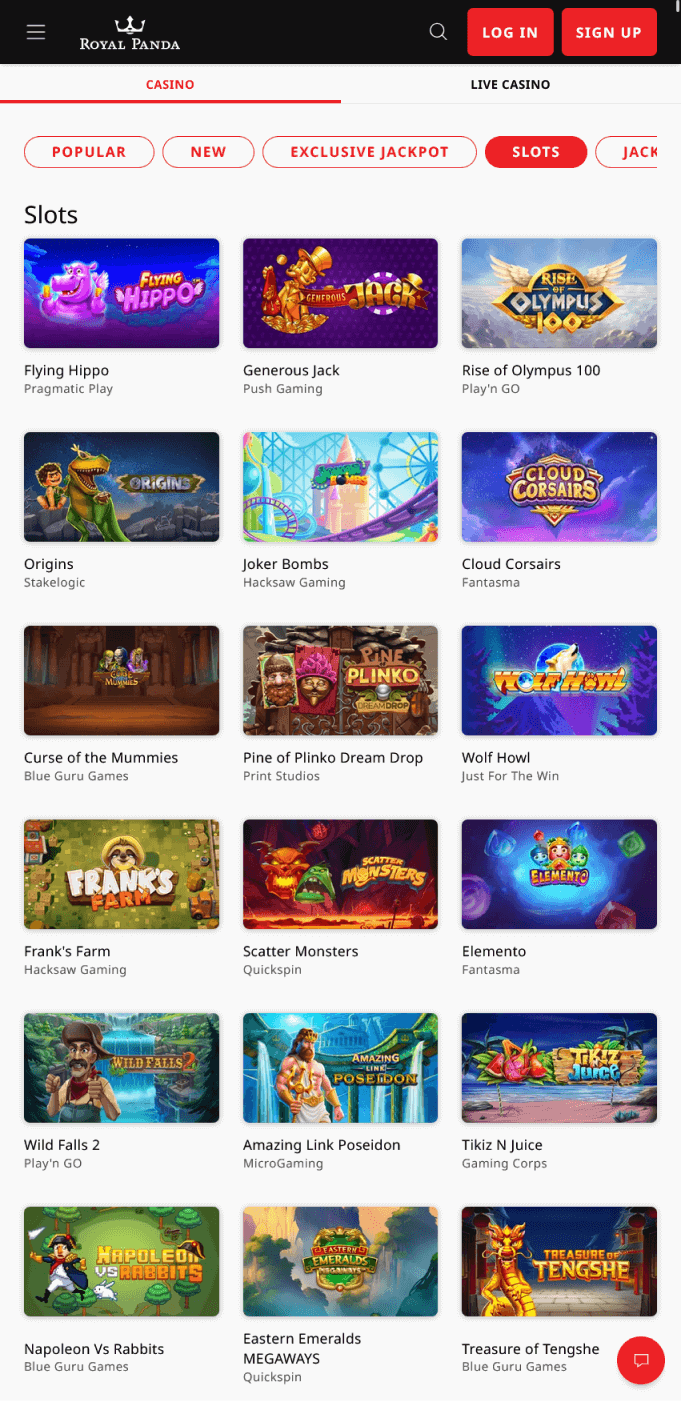 Screenshot of slot games in the Royal Panda app