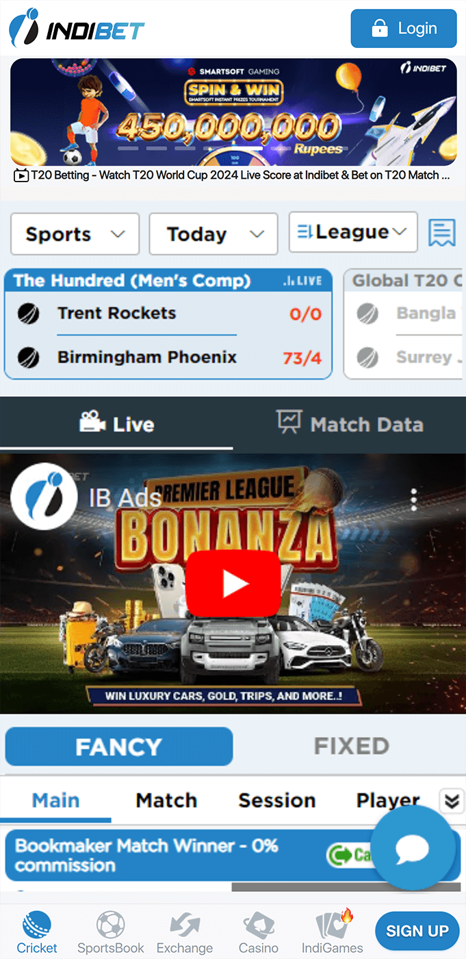 Screenshot of the Indibet app homepage