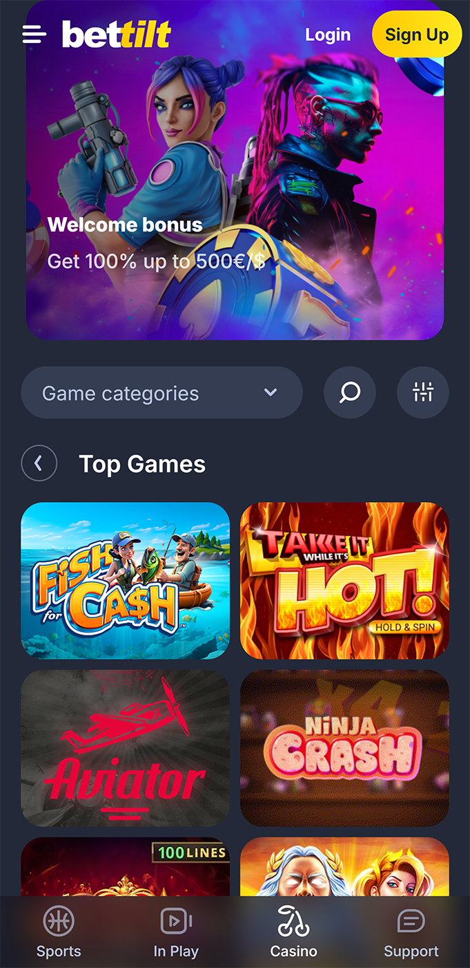 top game page of bettilt aviator mobile app