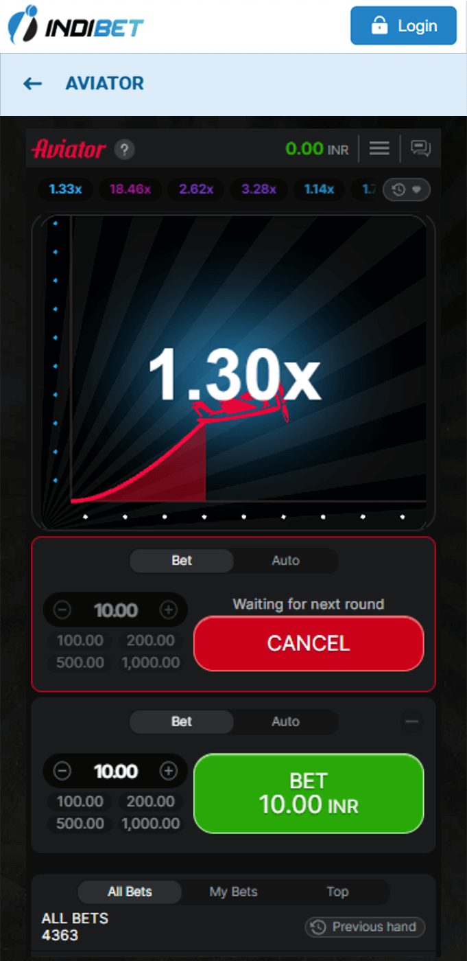 Screenshot of the main screen of the Aviator game in the Indibet app