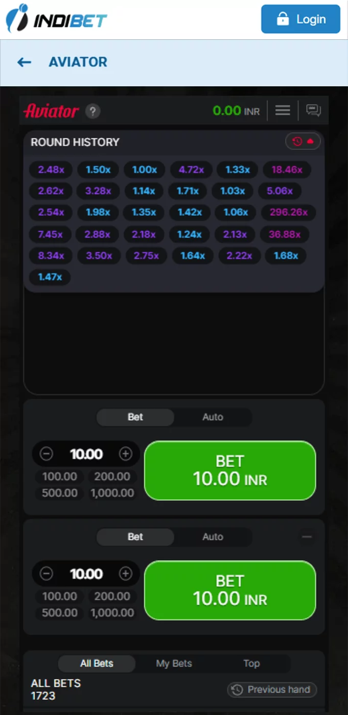 Screenshot with flight history in the Aviator game in the Indibet app