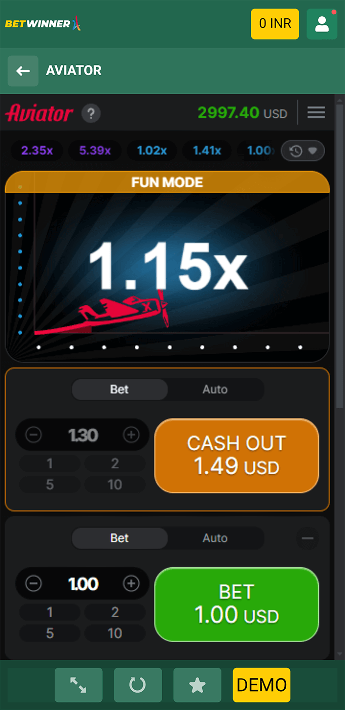 Betting in the Aviator game on the BetWinner mobile app