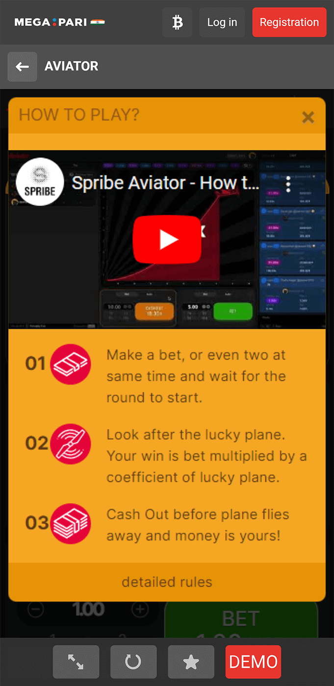 Screenshot of Aviator game rules section in Megapari app