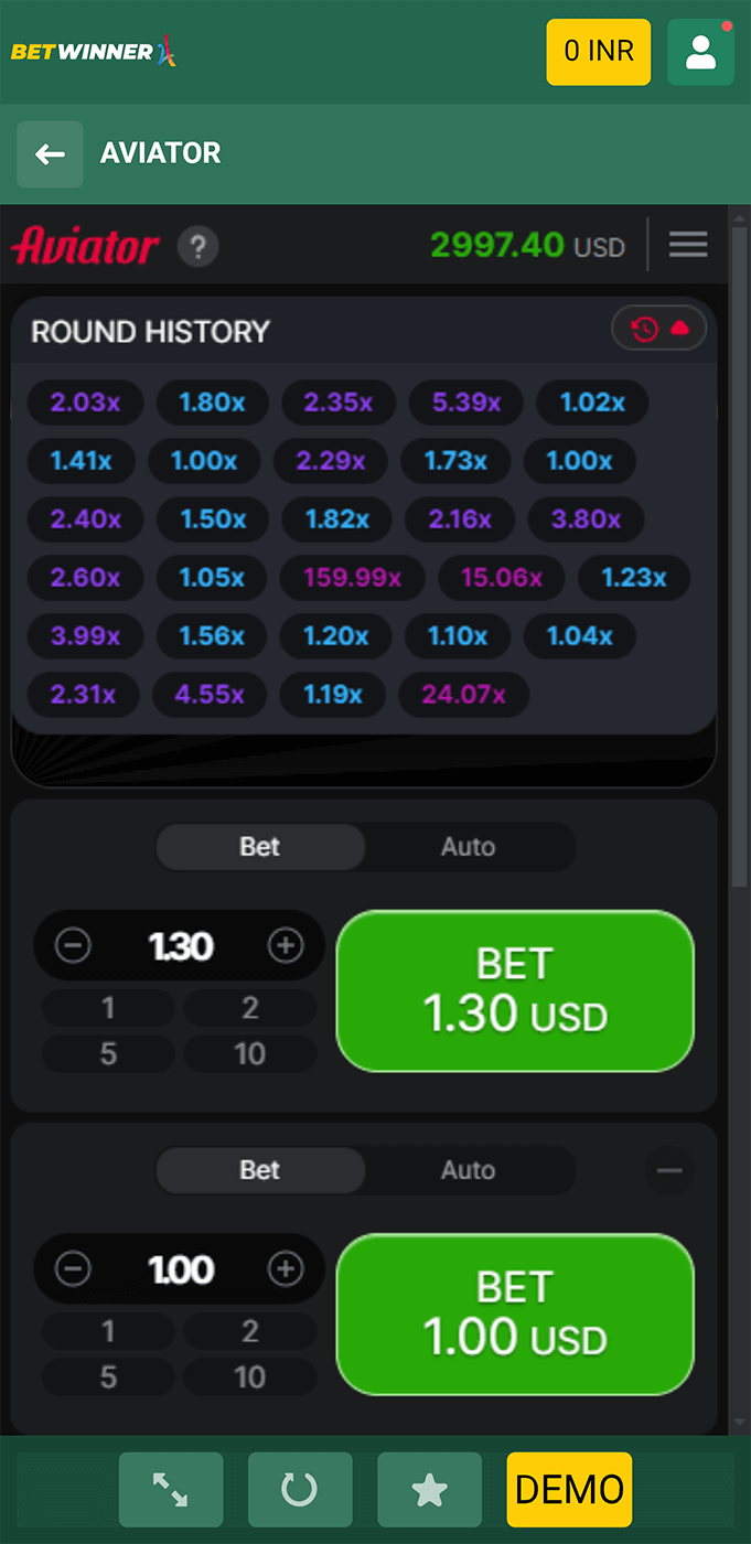 Flight history of the Aviator game in the BetWinner mobile app