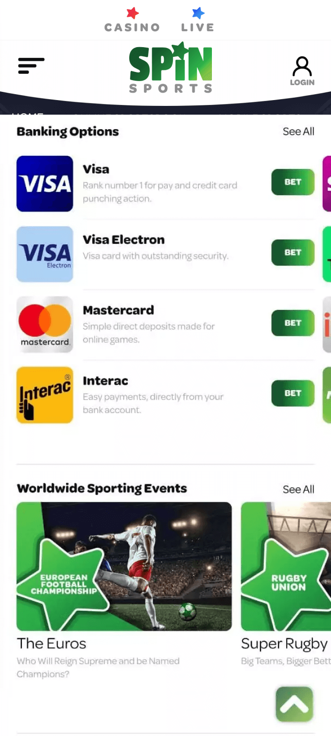 Screenshot of the payment methods section of the Spin Sports app