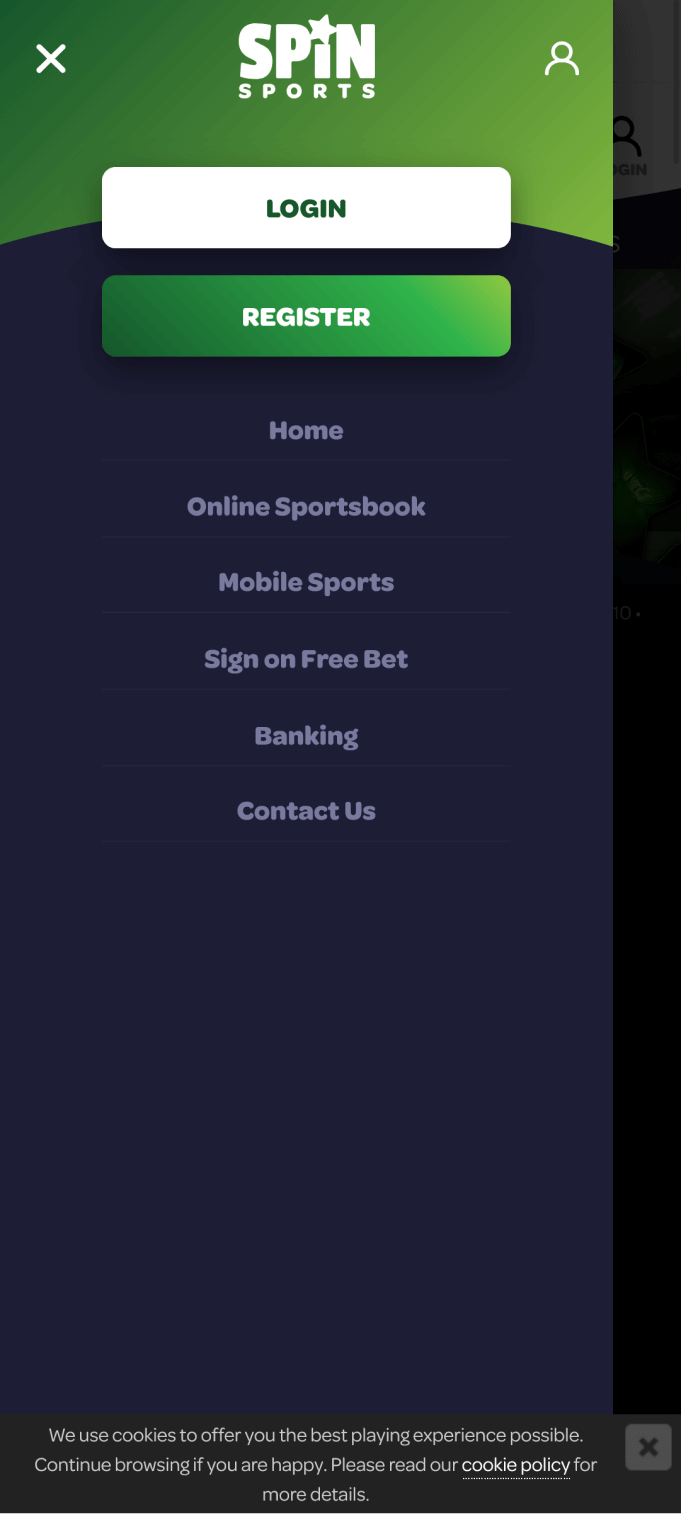 Screenshot of the menu in the Spin Sports app