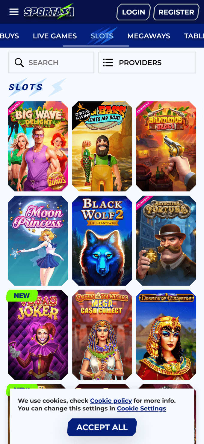 Screenshot of the slots section in Sportaza app