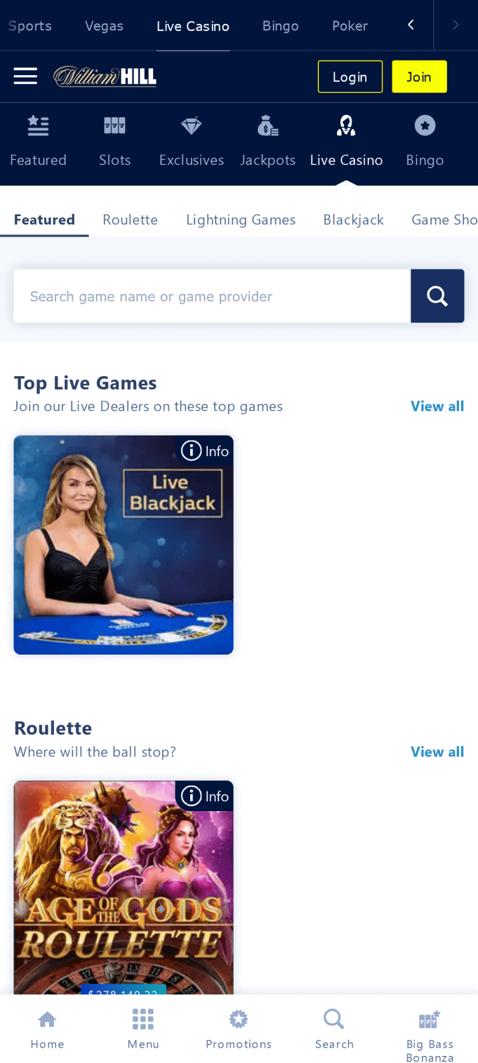 Screenshot of the live casino section of the William Hill app