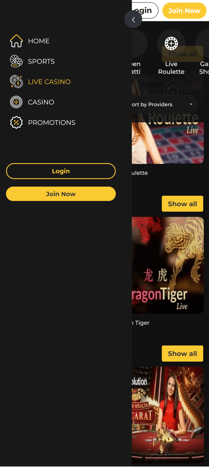 Screenshot of the menu in the Windaddy app