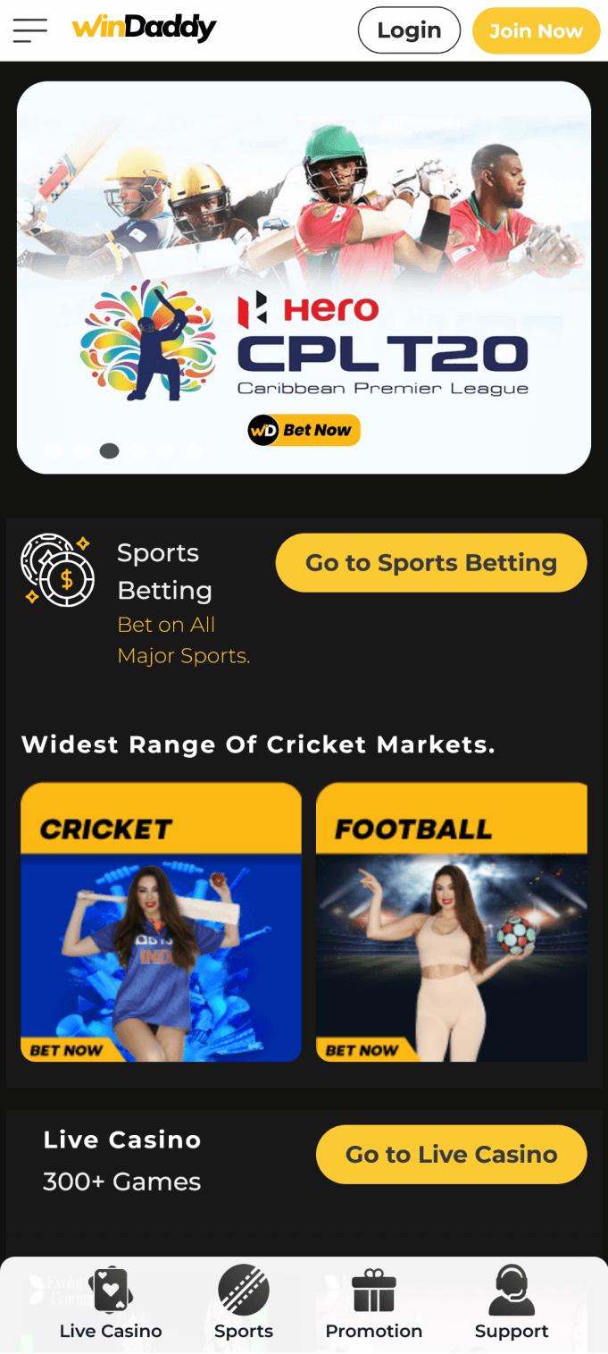 Screenshot of the sports section in the Windaddy app