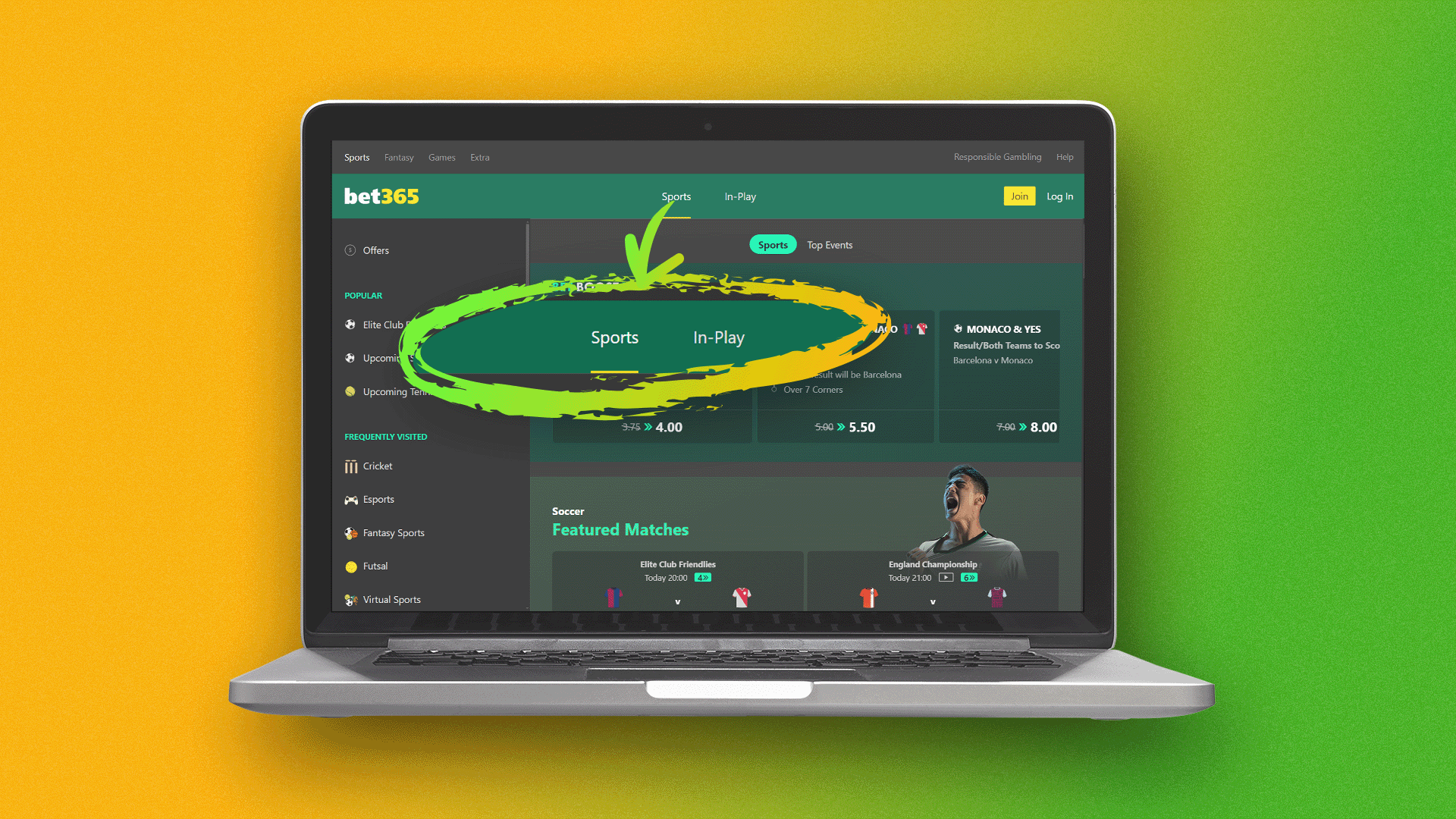 To start betting in Bet365 find the sports category