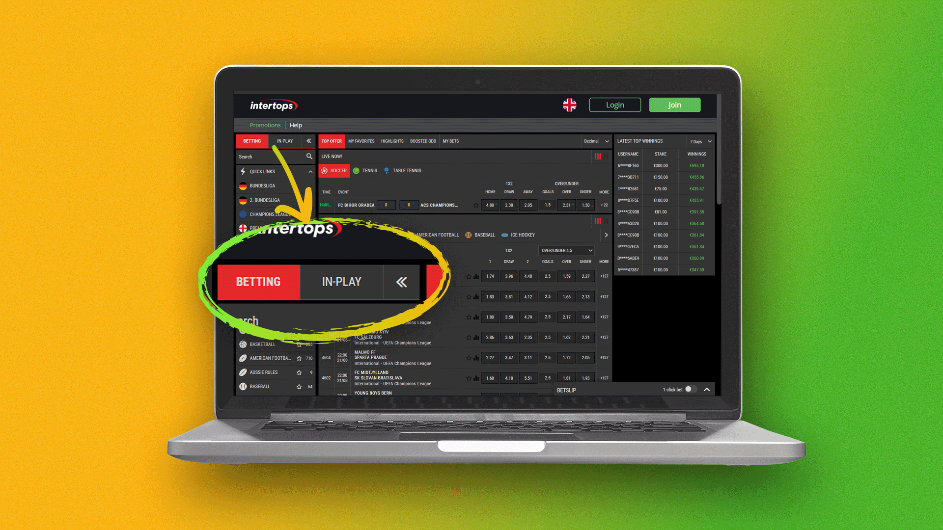 Select a sport or live mode to bet at Intertops