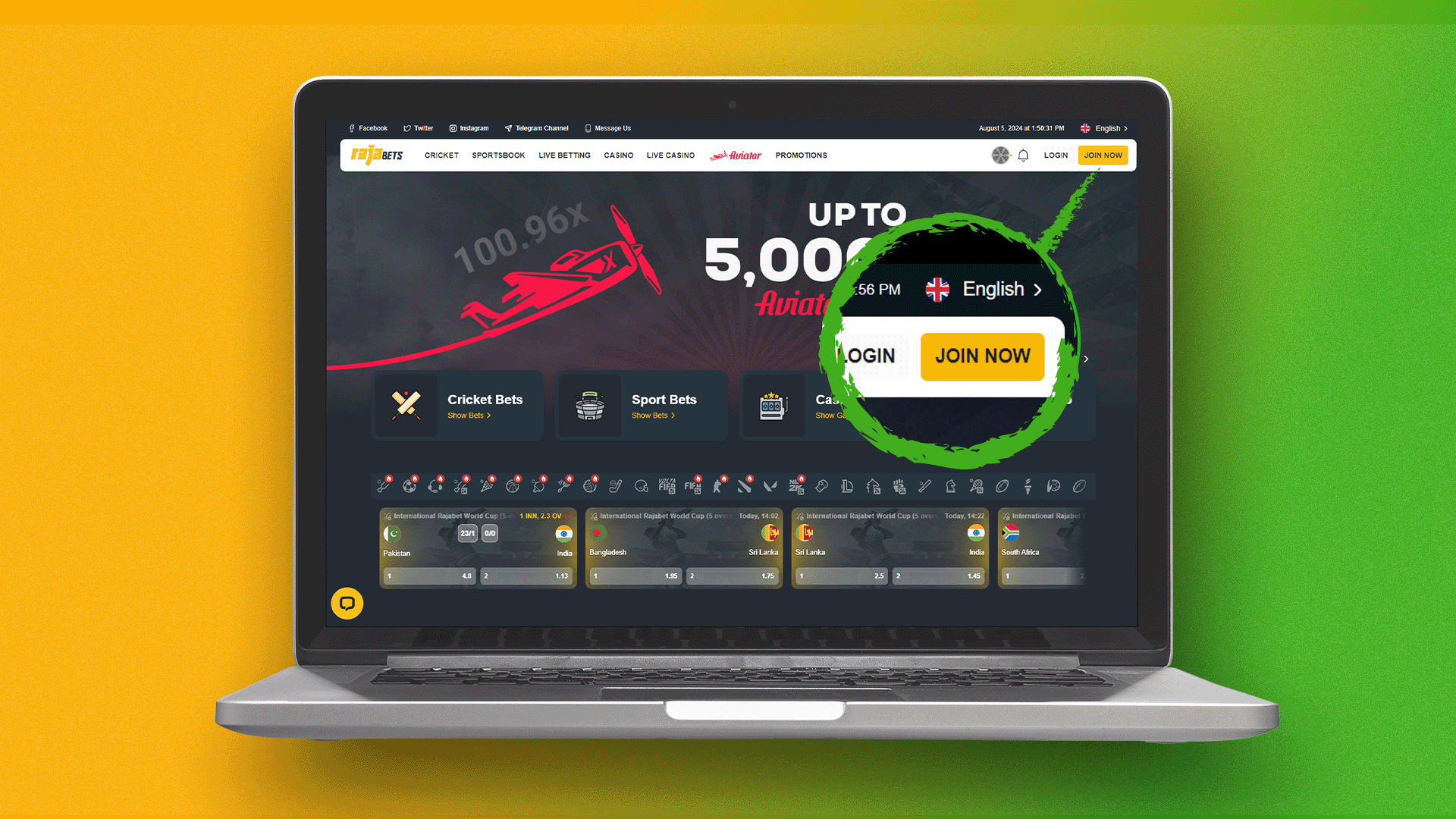 Click button to register on Rajabets website and start playing Aviator game