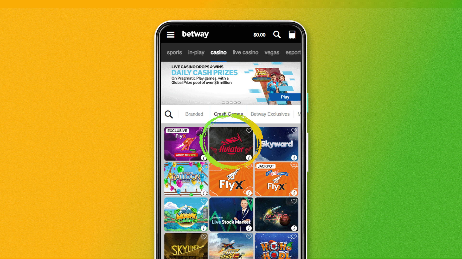 Find the Betway Aviator game in special section