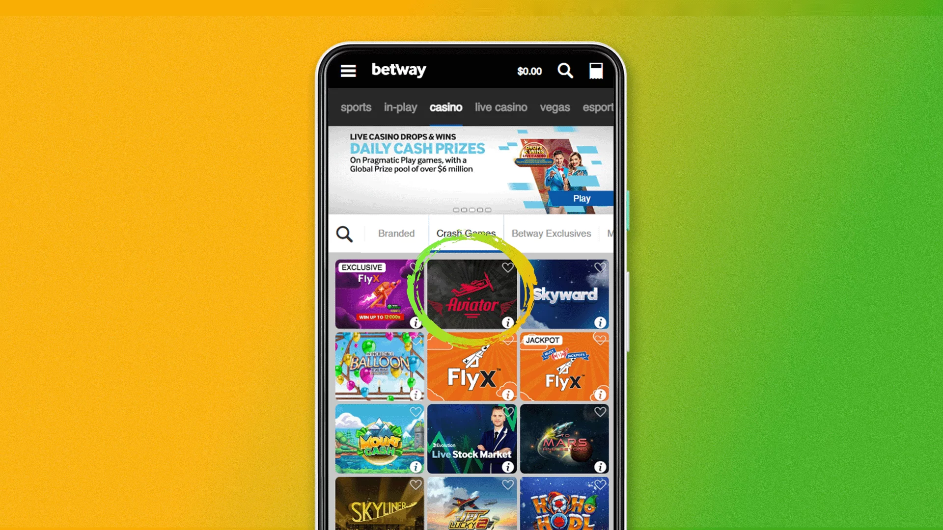 Find the Betway Aviator game in special section