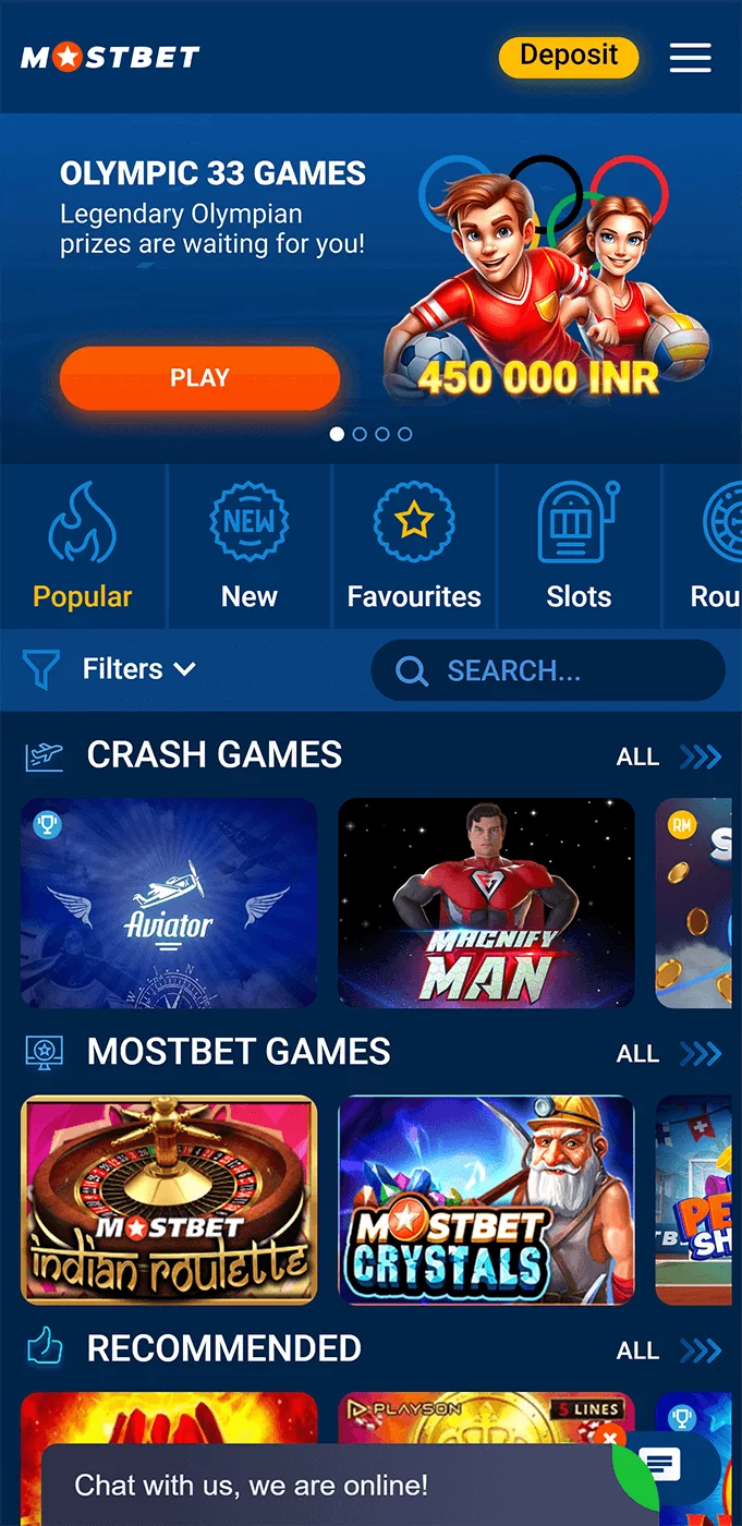 Screenshot of the casino section of the Mostbet app