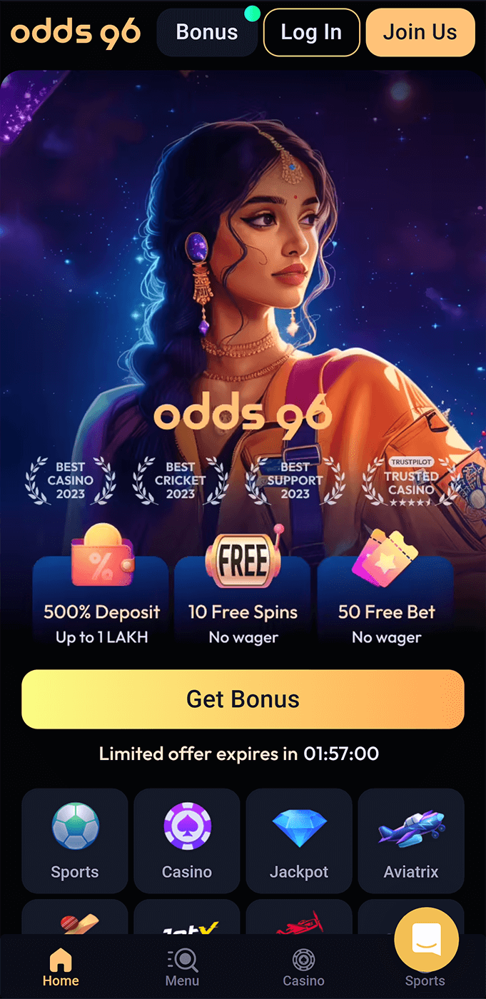 Screenshot of the main screen of the Odds96 Aviator mobile app