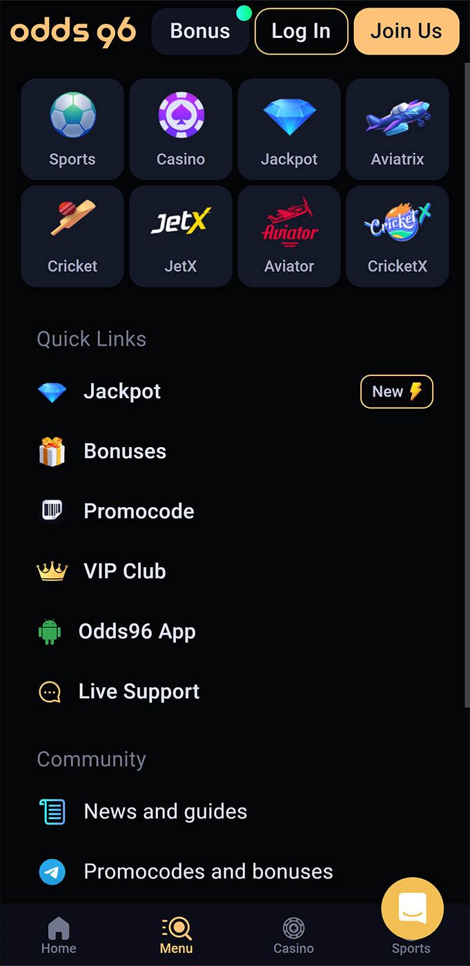 Screenshot of the hamburger menu in the Odds96 mobile app