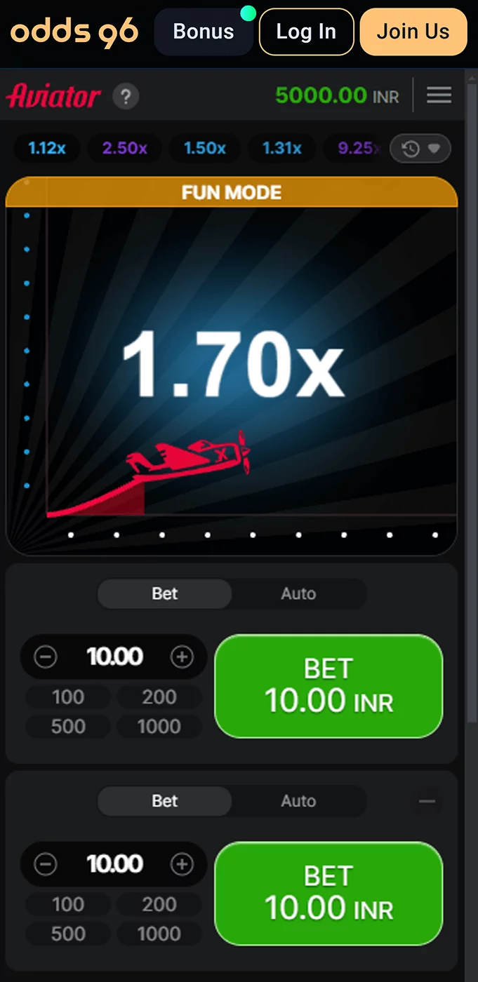 Screenshot of the home page in the Aviator game in the Odds96 mobile app