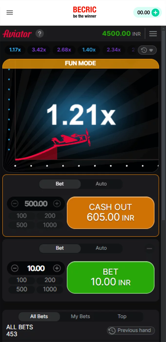 Screenshot of active bet in Aviator Becric