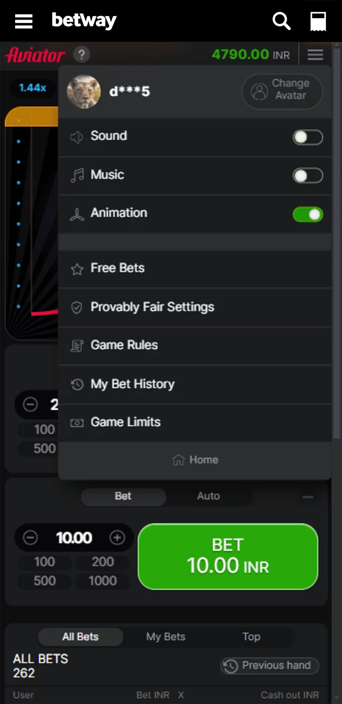 Screenshot of the main menu of Aviator game in Betway app