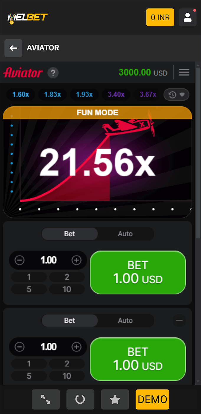 Screenshot of the home page in the Aviator game in the Melbet mobile app