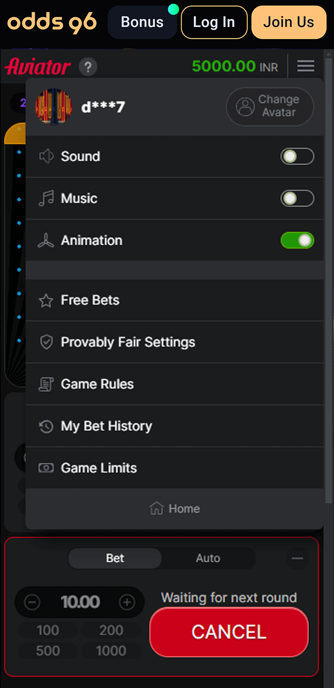 Screenshot of the main menu of Aviator game in Odds96 app