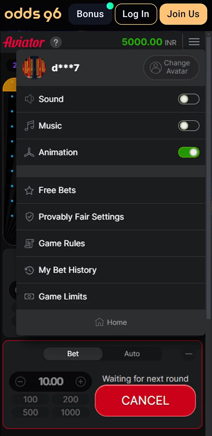 Screenshot of the main menu of Aviator game in Odds96 app