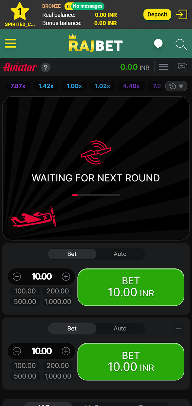 Screenshot of waiting to fly in the Aviator game in Rajbet mobile app